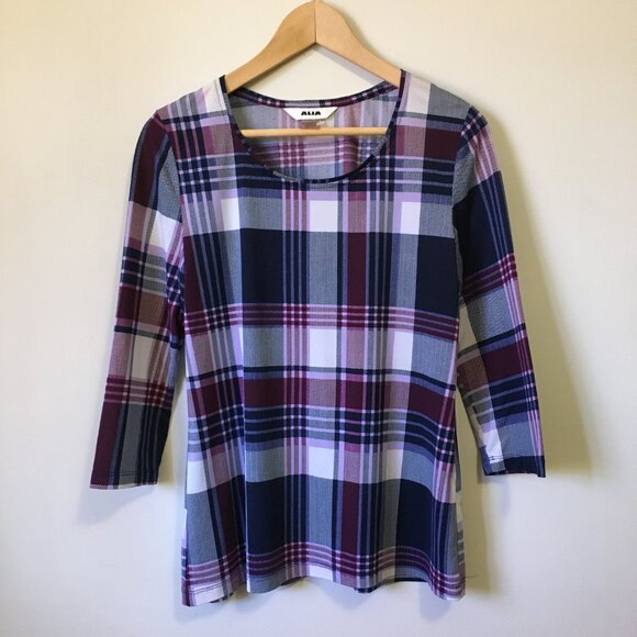 Stretchy Plaid Print 3/4 Sleeve Pullover Top - Picture 1 of 16